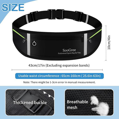SooGree Slim Running Belt Sport Fanny Pack for Women Men,Reflective Waist Pack Runner Pouch Belt, Zipper Waterproof Running Phone Holder Jogging Pouch for Phone Money (GSP8806 Black)