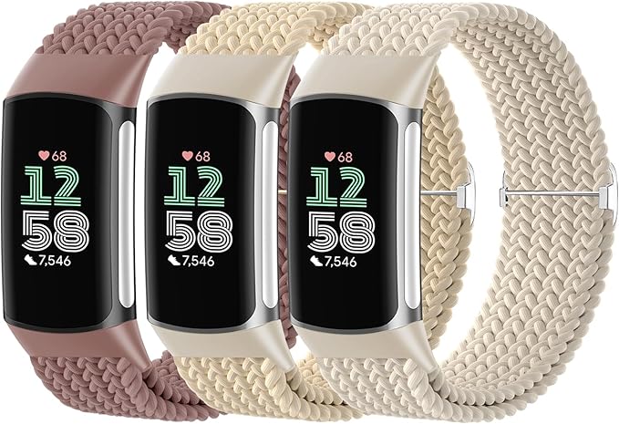 Braided Solo Loop Bands Compatible with Fitbit Charge 6/Charge 5, 3 Pack Adjustable Stretchy Wristbands Soft Woven Nylon Replacement for Fitbit Charge 5/Charge 6 Tracker Smart Watch for Women Men
