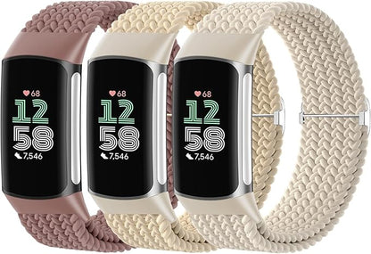 Braided Solo Loop Bands Compatible with Fitbit Charge 6/Charge 5, 3 Pack Adjustable Stretchy Wristbands Soft Woven Nylon Replacement for Fitbit Charge 5/Charge 6 Tracker Smart Watch for Women Men