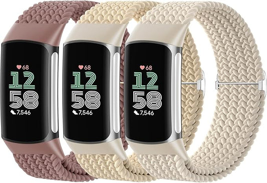 Braided Solo Loop Bands Compatible with Fitbit Charge 6/Charge 5, 3 Pack Adjustable Stretchy Wristbands Soft Woven Nylon Replacement for Fitbit Charge 5/Charge 6 Tracker Smart Watch for Women Men