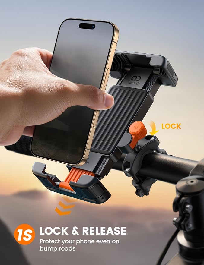 Lamicall Bike Motorcycle Phone Mount - [1s Quick Lock] Bike Cell Phone Holder Clip, Bicycle Scooter Handlebar Clamp, for iPhone 17 16 15 Pro Max, Galaxy S25 S24 Ultra, 6-7.2" Phones, Orange