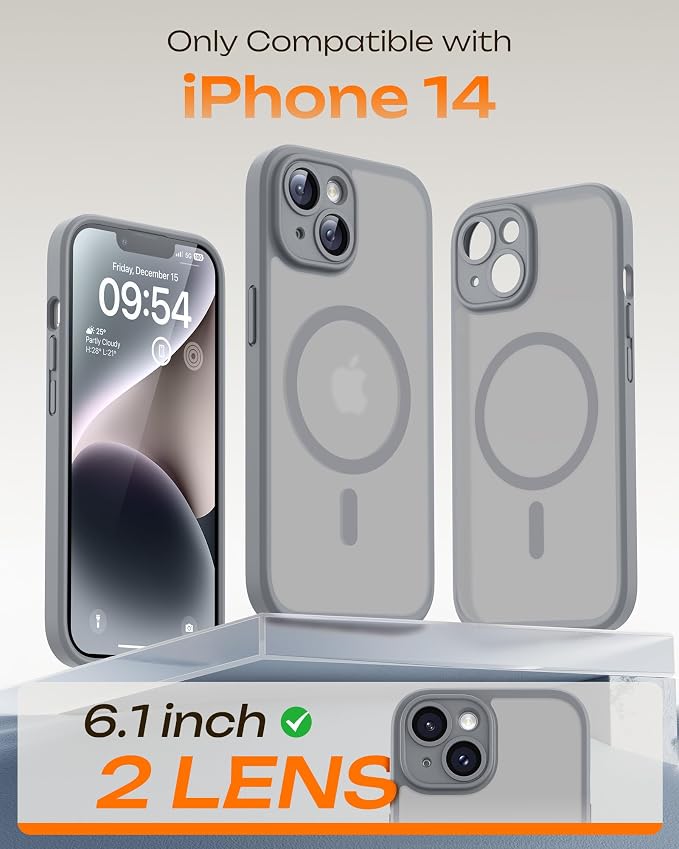TOCOL for Phone 14 Case, Compatible with Magsafe Charger, Full Camera Protection, Drop Protection, Translucent Matte Phone Case for iPhone 14 6.1 inch (Gray)