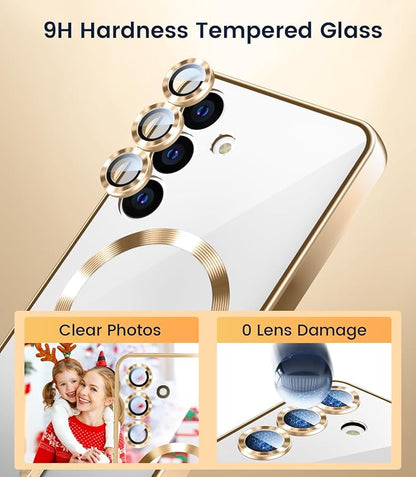 Slim Thin for Samsung Galaxy S25 Plus Clear Case, Compatible with MagSafe, Built-in Camera Lens Protector, Shockproof Protective Phone Case, Electroplated Bumper Cover, Gold