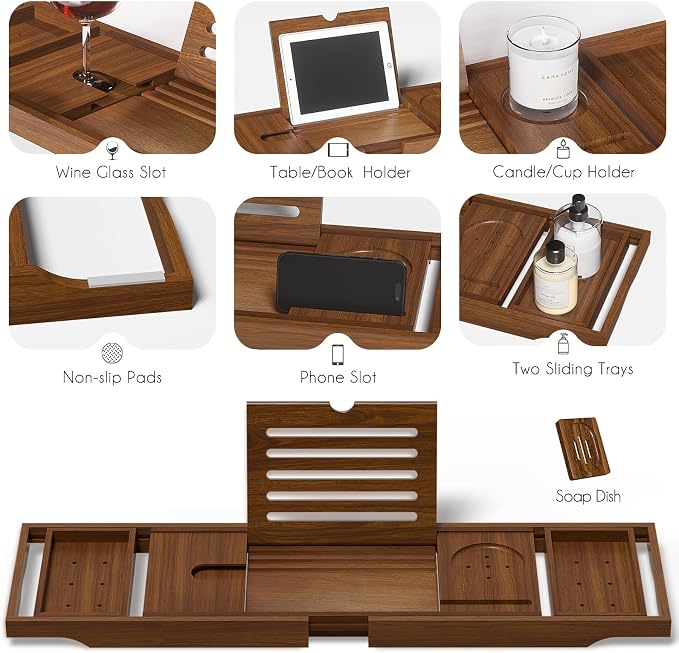Kiasthome Teak Bathtub Caddy, Expandable Bath Tray, Non‑Slip Luxury Tub Caddy with Wine Phone Tablet Holder, Wooden Bath Accessory for Home Spa and Gift