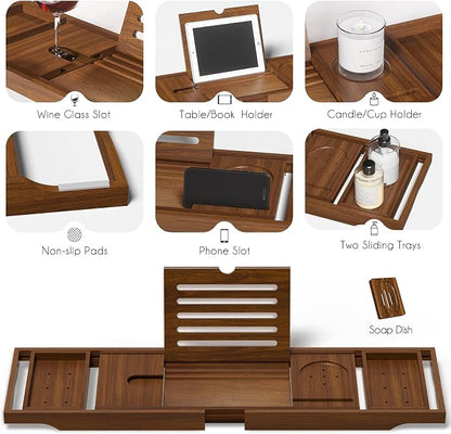 Kiasthome Teak Bathtub Caddy, Expandable Bath Tray, Non‑Slip Luxury Tub Caddy with Wine Phone Tablet Holder, Wooden Bath Accessory for Home Spa and Gift