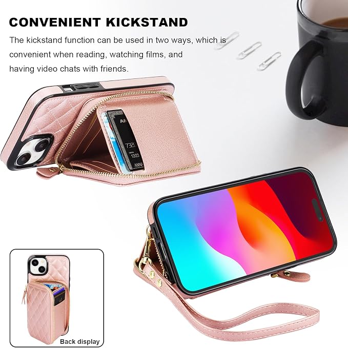 Bocasal Crossbody Wallet Case for iPhone 15 Plus, RFID Blocking PU Leather Zipper Handbag Purse Flip Cover, Kickstand Folio Case with Card Slots Holder Wrist Strap Lanyard 5G 6.7 Inch (Rose Gold)