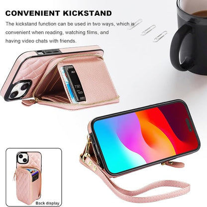 Bocasal Crossbody Wallet Case for iPhone 15 Plus, RFID Blocking PU Leather Zipper Handbag Purse Flip Cover, Kickstand Folio Case with Card Slots Holder Wrist Strap Lanyard 5G 6.7 Inch (Rose Gold)
