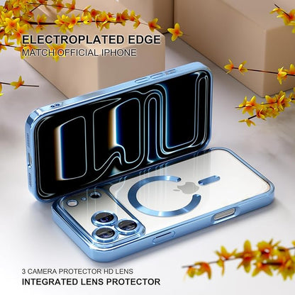 Misea Magnetic for iPhone 17 Pro Case Compatible with MagSafe [Never Yellowing] [Military Grade Drop Protection] Full Camera Lens Protector Plating Soft Clear Phone Case for Women, Sky Blue
