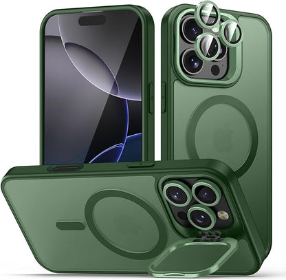 for iPhone 16 Pro Max Case, Compatible with MagSafe, Built-in Camera Ring Stand, with Individual Camera Cover, Translucent Matte Military-Grade Drop Protection Magnetic Case, Green
