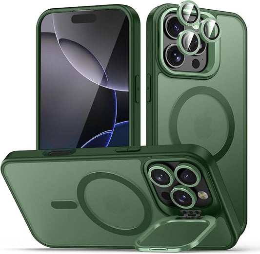 for iPhone 16 Pro Max Case, Compatible with MagSafe, Built-in Camera Ring Stand, with Individual Camera Cover, Translucent Matte Military-Grade Drop Protection Magnetic Case, Green