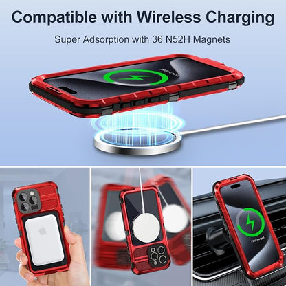 WIFORT for iPhone 15 Pro Waterproof Case - Metal Heavy Duty Full Body Protective Cover Built-in Screen Protector, IP68 Water Proof Military Grade Shockproof Rugged Drop Defender Phone case 6.1" Red