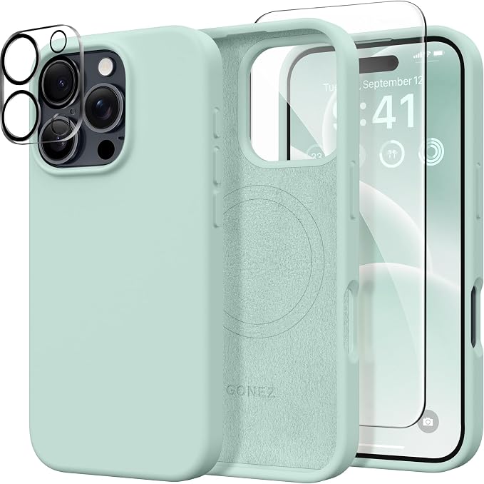 GONEZ Magnetic for iPhone 16 Pro Case, Compatible with MagSafe, [Screen Protector + Camera Lens Protector], Silicone Shockproof Anti-Scratch Protective Phone Case 6.3 inch, Mint Green