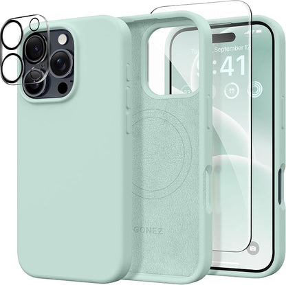 GONEZ Magnetic for iPhone 16 Pro Case, Compatible with MagSafe, [Screen Protector + Camera Lens Protector], Silicone Shockproof Anti-Scratch Protective Phone Case 6.3 inch, Mint Green