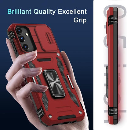DEERLAMN Case for Samsung Galaxy A15 5G with Slide Camera Cover+Screen Protector (1 Pack), Rotated Ring Kickstand Military Grade Shockproof Protective Cover-Red