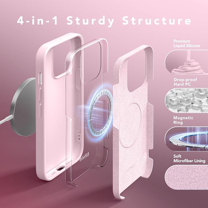 GONEZ for iPhone 14 Pro Case, Compatible with Magsafe, with Screen Protector + Camera Lens Protector, Soft Anti-Scratch Microfiber Lining, Shockproof Liquid Silicone Phone Cover, Pastel Pink
