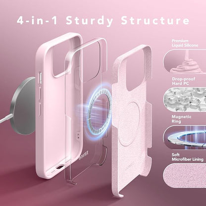 GONEZ for iPhone 14 Pro Case, Compatible with Magsafe, with Screen Protector + Camera Lens Protector, Soft Anti-Scratch Microfiber Lining, Shockproof Liquid Silicone Phone Cover, Pastel Pink
