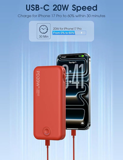 Nusyddy Portable Charger 10000mAh PD20W w/Built-in Cables & Wall Plug Red | PD20W Fast Charging, Battery Indicator, Pass Through Charging, TSA Approved, Compact/Slim, Power Bank for iPhone/iPad/Samsung