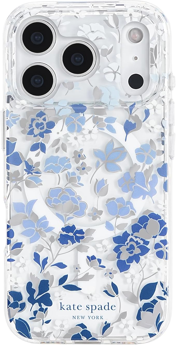 kate spade new york iPhone 17 Pro Case - Compatible with MagSafe - Designer Phone Case - Flowerbed Blue Gems