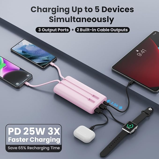 Upgraded Portable Charger 40800mAh Power Bank - Portable Battery with 2 Built in Cables,PD 25W USB C Fast Charging Battery Pack Compatible with iPhone 17 16 15 14 13 Android Phone Tablets etc-Pink