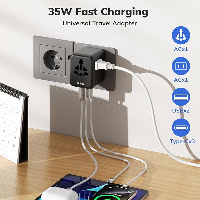Hichain 7-in-1 Worldwide Plug Universal Travel Adapter | 35W Power International Charger Adapter for Business Travelers Vacationers, Fast Charging for iPhone 17/16, Tablets, GoPro