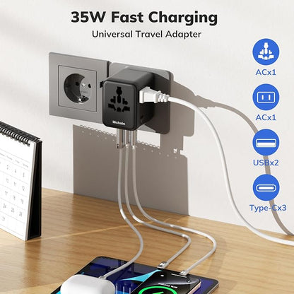 Hichain 7-in-1 Worldwide Plug Universal Travel Adapter | 35W Power International Charger Adapter for Business Travelers Vacationers, Fast Charging for iPhone 17/16, Tablets, GoPro