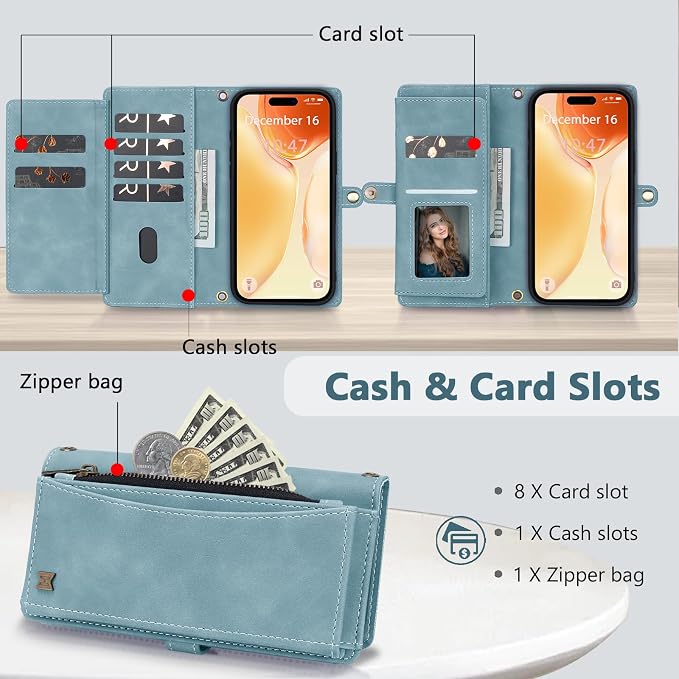 Wallet Case for iPhone 15 with Card Holder/Crossbody Wallet/Strap| RFID Blocking | Magnetic | Kickstand | Detachable | PU Leather Phone Case for iPhone 15,6.1 in,Blue
