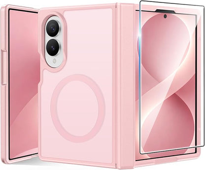 FNTCASE for Samsung Galaxy Z-Fold-8 Case: [Full Hinge Protection] [Screen Protector] Compatible with MagSafe, Heavy Duty Rugged Shockproof Anti-Scratch Protective Clear Phone Cover (C-Pink)
