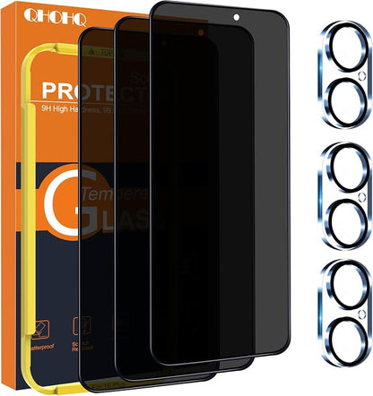 QHOHQ for iPhone 16 Plus Privacy Screen Protector + Camera Lens Protector, [Military Grade Shatterproof], Top 9H+ Anti Spy Glass, Full Edge Coverage, Ultra Durable, with Installation Tool [3+3 Pack]