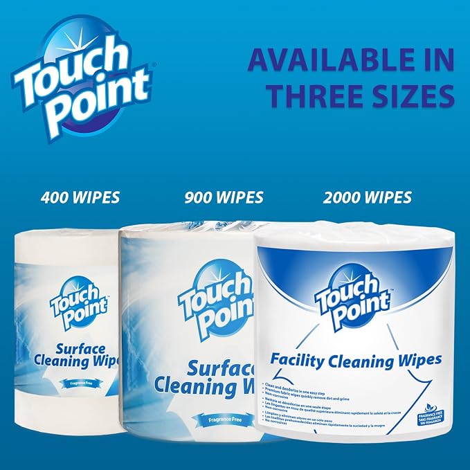 Touch Point Facility Cleaning Wipes - Disposable, Alcohol-Free Pre-Moistened All-Purpose Wipe for Gym, Office, School, Hospital, Restaurant, Hotel, and Airport (1800 Wipes/2 Roll Refill, 8x6)