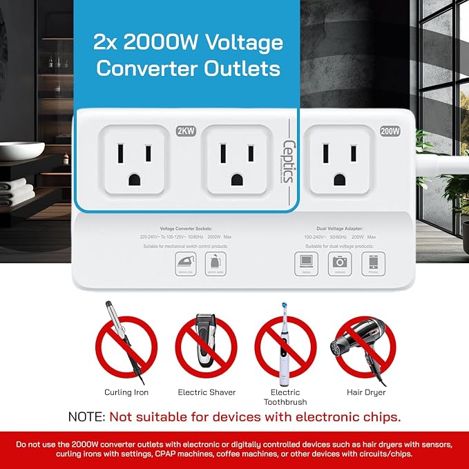 Ceptics 220v to 110v Converter for Travel, 2000W Voltage Converter US to Europe with 3 AC outlets, 4 USB Ports (2X USB-C) and 6 SWadAPt attachments