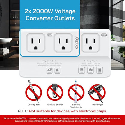Ceptics 220v to 110v Converter for Travel, 2000W Voltage Converter US to Europe with 3 AC outlets, 4 USB Ports (2X USB-C) and 6 SWadAPt attachments