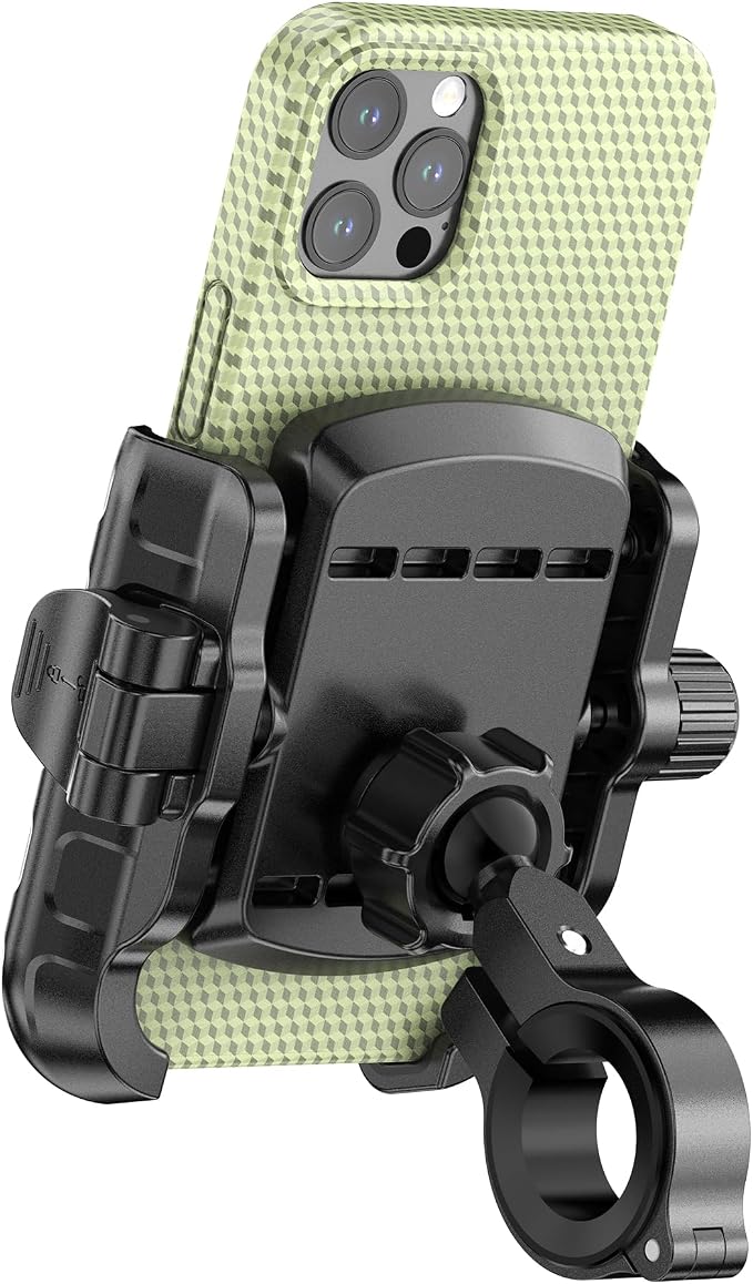 LOKTENWO Bike Motorcycle Phone Mount with Aluminum Alloy Mounting Base, [1s Lock & Release] [Camera Friendly] Bicycle Handlebar Cell Phone Holder for Scooter ATV, Fit 5.4-7.2" Smartphone