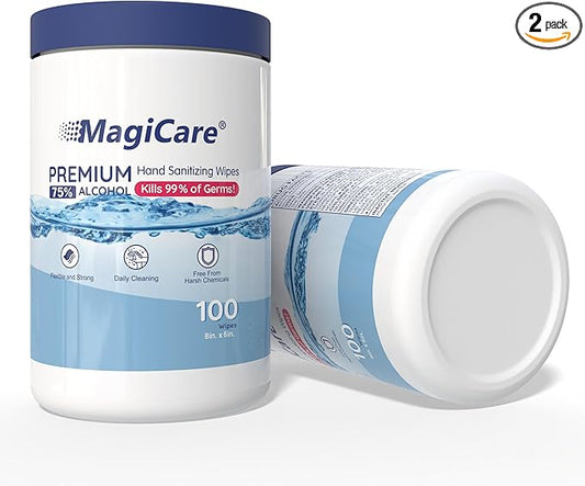 MagiCare 75% Large Alcohol Wipes (2 Canisters) - Alcohol Hand Sanitizing Wipes, Unscented - Premium Hand Wipe, Sanitizer Wipe - Home, Classroom, Cleaning, Camping - 2, 100ct Canisters (200pcs)