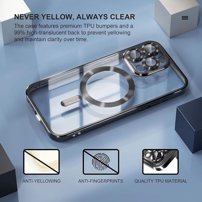 Misea Magnetic for iPhone 15 Pro Max Case with MagSafe [Never Yellowing] [Military Grade Drop Protection] Full Camera Lens Protector Plating Soft Clear Phone Case for Women Girls, Black