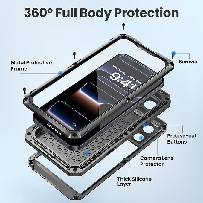 Mitywah for iPhone 17 Pro Max Waterproof Case, Military Metal Case with Built-in Screen Protector, Heavy Duty Full Body Shockproof Rugged Cover 6.9 inch, Black