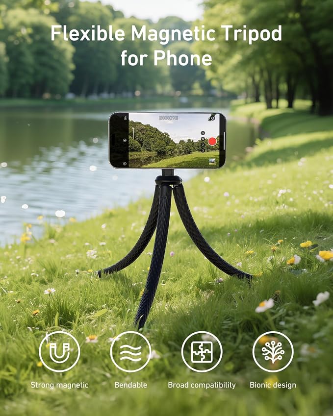 TELESIN Magnetic Flexible Tripod for iPhone, Mini Bendable Tripod Phone Stand for Magsafe Stroller Treadmill Tube Motorcycle Arm Phone Holder Selfie Stick for Video Recording for Phones Action Camera