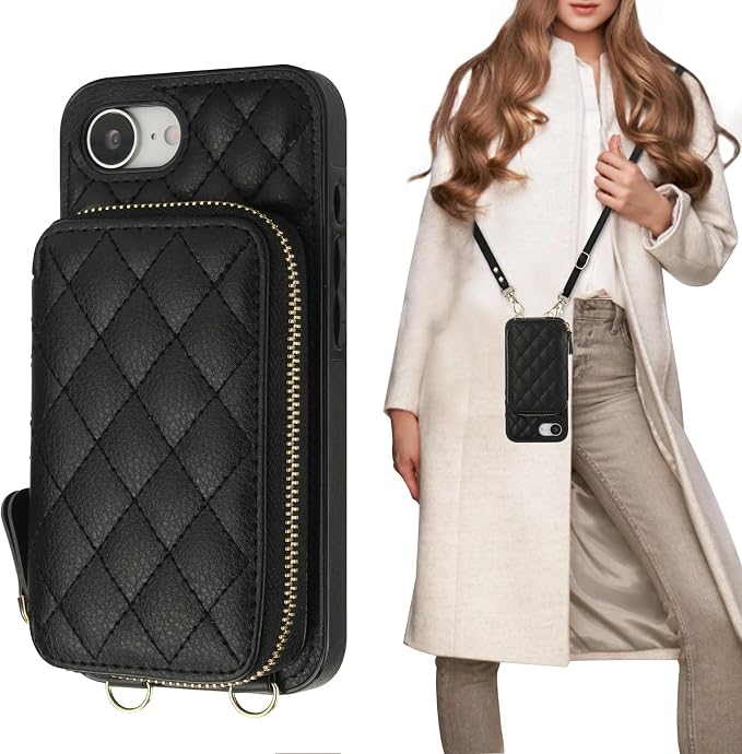 Bocasal Crossbody Wallet Case for iPhone 17e/16e, RFID Blocking PU Leather Zipper Handbag Purse Flip Cover, Kickstand Folio Case with Card Slots Holder Wrist Strap Lanyard 6.1 Inch 5G (Black)
