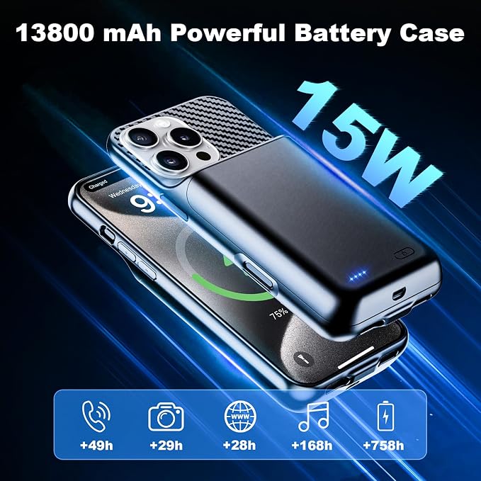 Battery Case for iPhone 15 Pro Max (6.7 inch), 2026 Upgraded High Capacity 13800mAh Battery Pack Rechargeable Charger External Charging Case with Tempered Glass Screen Protector Black