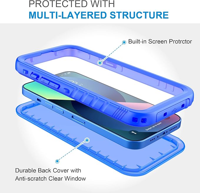 SPORTLINK Compatible with iPhone 13 Waterproof Case - Full Body Shockproof Dustproof Phone Screen Protector Rugged Waterproof Case for iPhone 13 6.1 Inches Blue