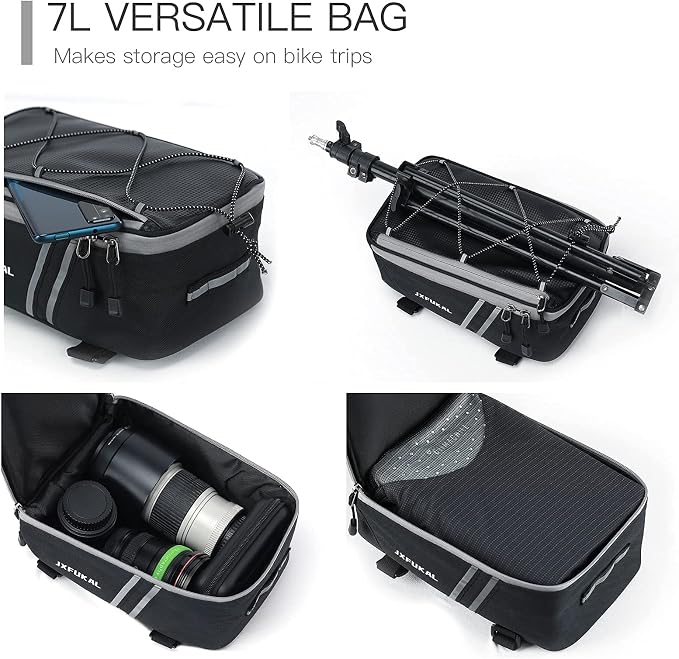 JXFUKAL Rear Bike Rack Bag with Rain Cover, 7L/9L/10L/12L Waterproof Bicycle Ebike Saddle Bag Cycling Pannier Trunk Carrier with Reflector & Adjustable Cord for Commuter Travel Outdoor
