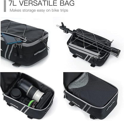 JXFUKAL Rear Bike Rack Bag with Rain Cover, 7L/9L/10L/12L Waterproof Bicycle Ebike Saddle Bag Cycling Pannier Trunk Carrier with Reflector & Adjustable Cord for Commuter Travel Outdoor