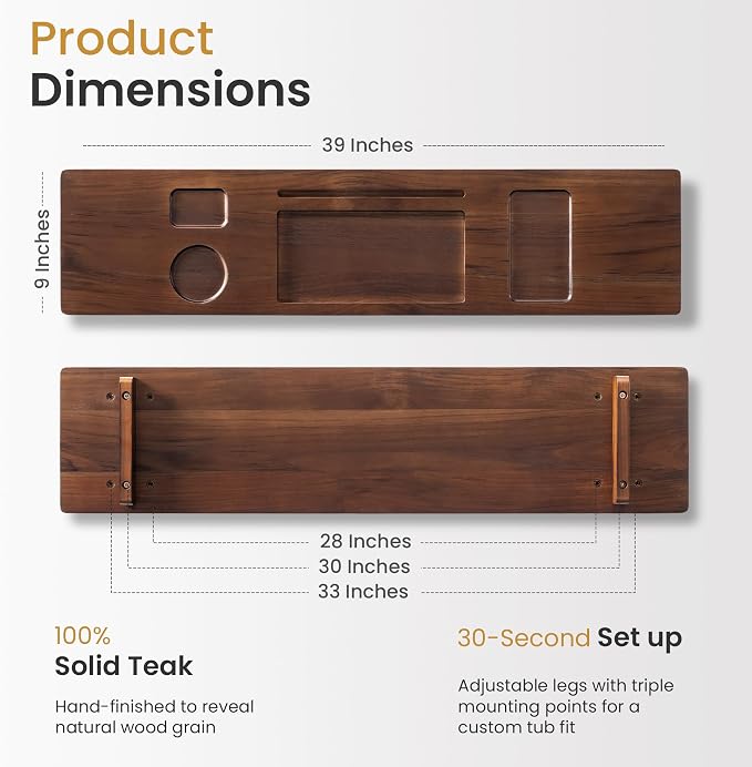 Luxury Teak Bathtub Tray for Freestanding Bath - 39" Large, Thick & Adjustable Spa Caddy | Anti-Tip Design with Accessories Holder | Water-Resistant