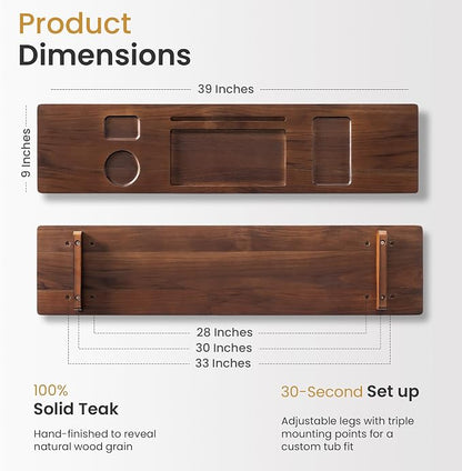 Luxury Teak Bathtub Tray for Freestanding Bath - 39" Large, Thick & Adjustable Spa Caddy | Anti-Tip Design with Accessories Holder | Water-Resistant