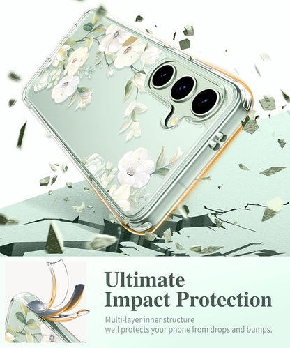 GVIEWIN for Samsung Galaxy S25 Case, Clear Floral Slim Shockproof Protective Women Phone Case, Non-Yellowing, with Screen Protector & Camera Lens Protector for Galaxy S25 6.2", Hibiscus/Green
