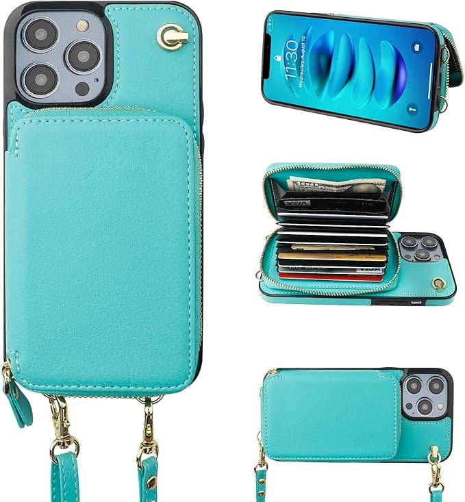 Bocasal Crossbody Wallet Case for iPhone 14 Pro Max, RFID Blocking Leather Purse Case with Card Holder, Protective Handbag Flip Cover with Zipper Wrist Strap Lanyard for Women 5G 6.7 Inch (Mint Green)