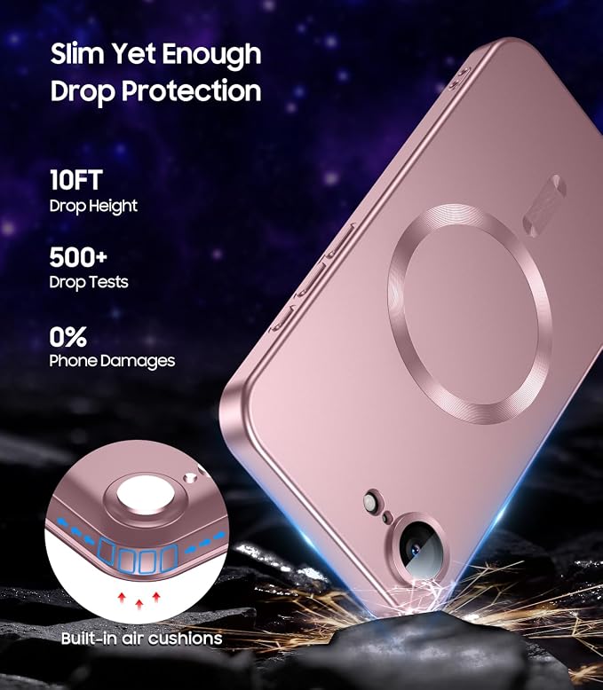 Magnetic for iPhone 17e Case/iPhone 16e Case [Compatible with MagSafe][Built-in Camera Lens Protector] Slim Soft Silicone Bumper Shockproof Metallic Luster 17e Phone Case (Rose Gold)