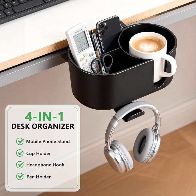 4 in 1 Desk Cup Holder Clamp on Under Desk Headphone Detachable Pen Cup Holder Hanger Caddy Organizer for Office Table, Lawn Chair, Pontoon Boat