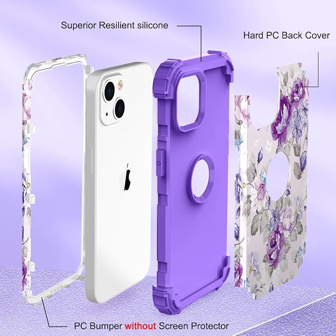 Hocase for iPhone 14 Case/iPhone 13 Case, Heavy Duty Shockproof Protection Soft Silicone Rubber+Hard Plastic Bumpers Hybrid Protective Case for iPhone 13/14 (6.1") - Lavender Flowers
