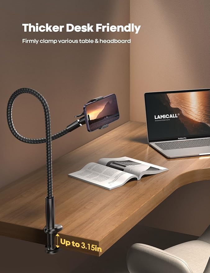 Lamicall Gooseneck Phone Holder Bed - [Nylon Braided] Flexible Arm, 38inch Overall Length, 360 Adjustable Clamp Clip, Overhead Cell Phone Mount Stand for Bed, Desk, 4-7” Cellphone, Gifts