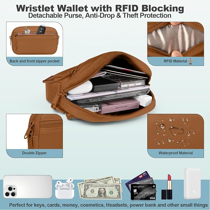YFWE Clip and Go Strap for Phone with Wallet Crossbody, Adjustable Phone Lanyard with Detachable RFID Wristlet Wallet, Pattern Strap - Bronze(L)